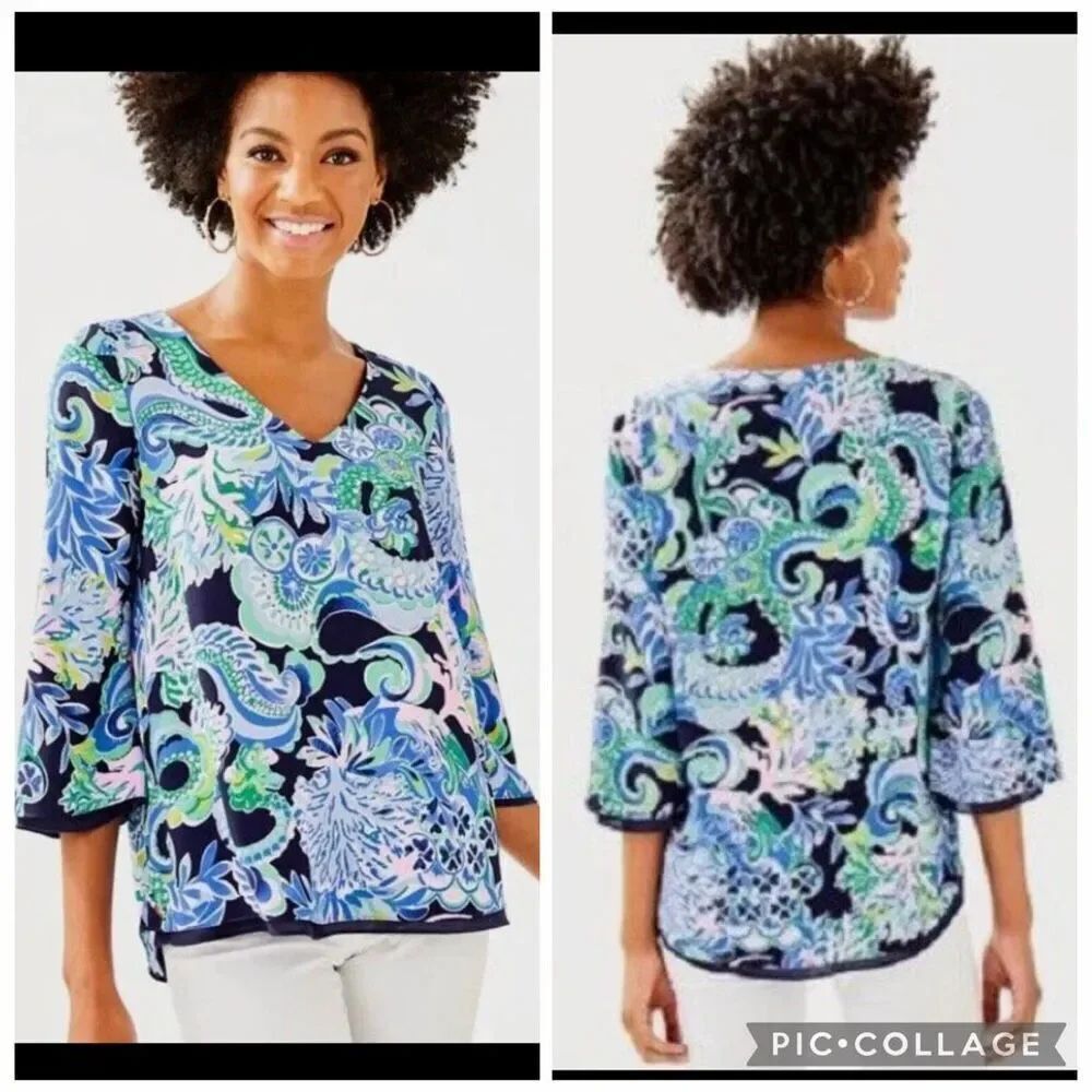 Lilly Pulitzer Florin 3/4 Sleeve V-Neck Bright Navy Sirens and Spirits medium